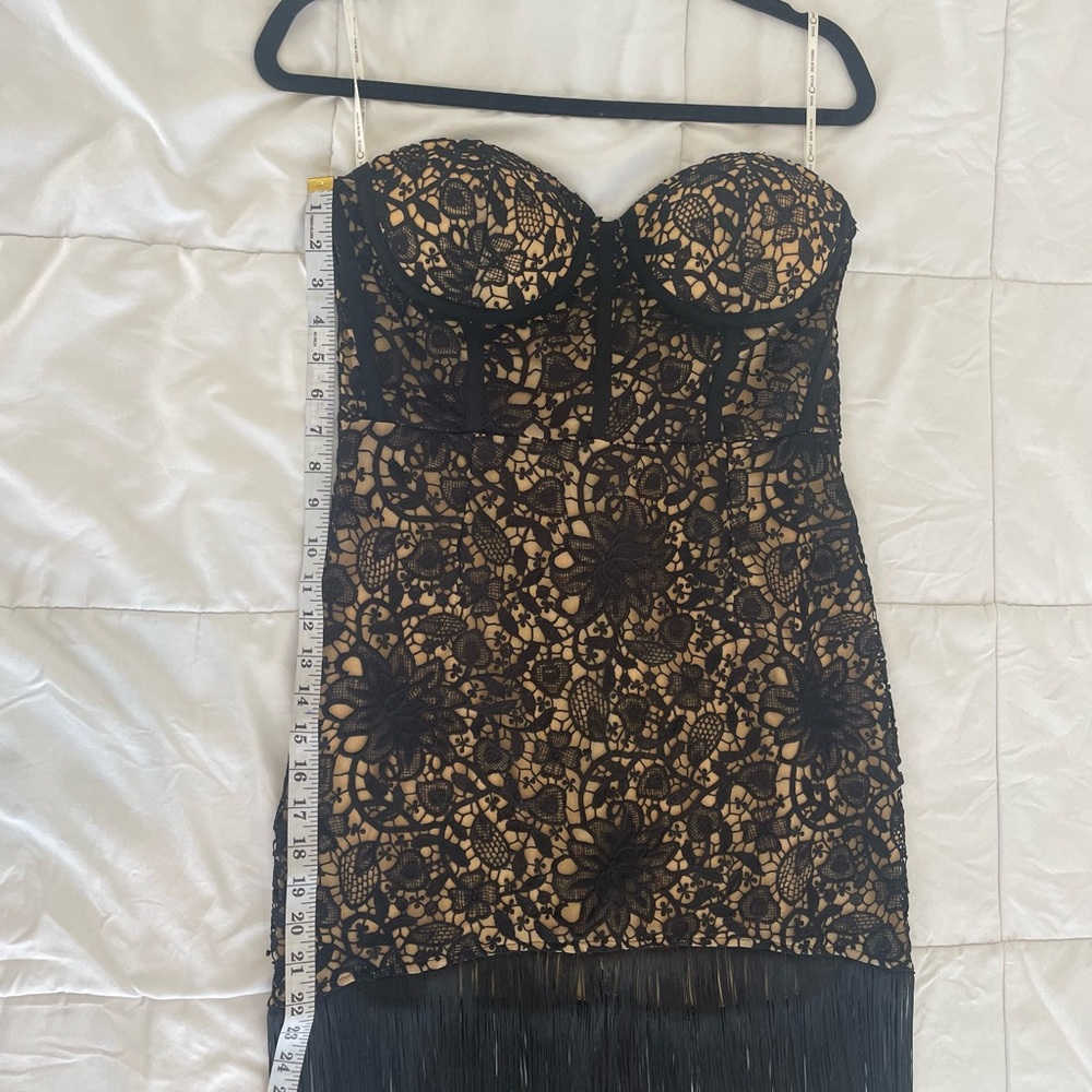 Size 12/XL MISS CIRCLE Black Lace Long Fringed Strapless Dress NEW with Tags - Picture 12 of 15